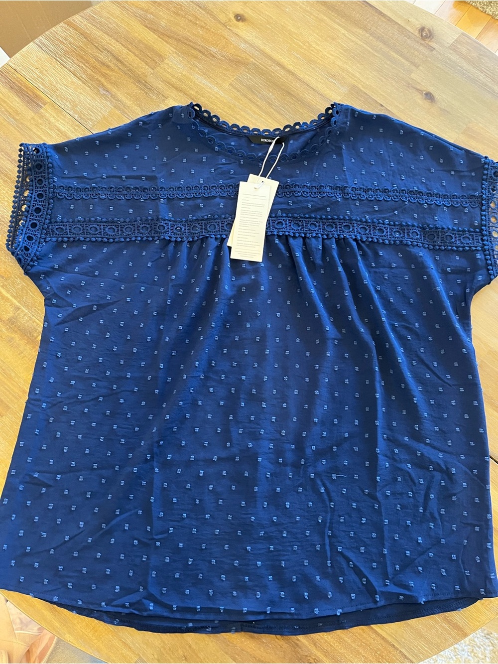 Women's Navy Eyelet Lace Yoke Blouse